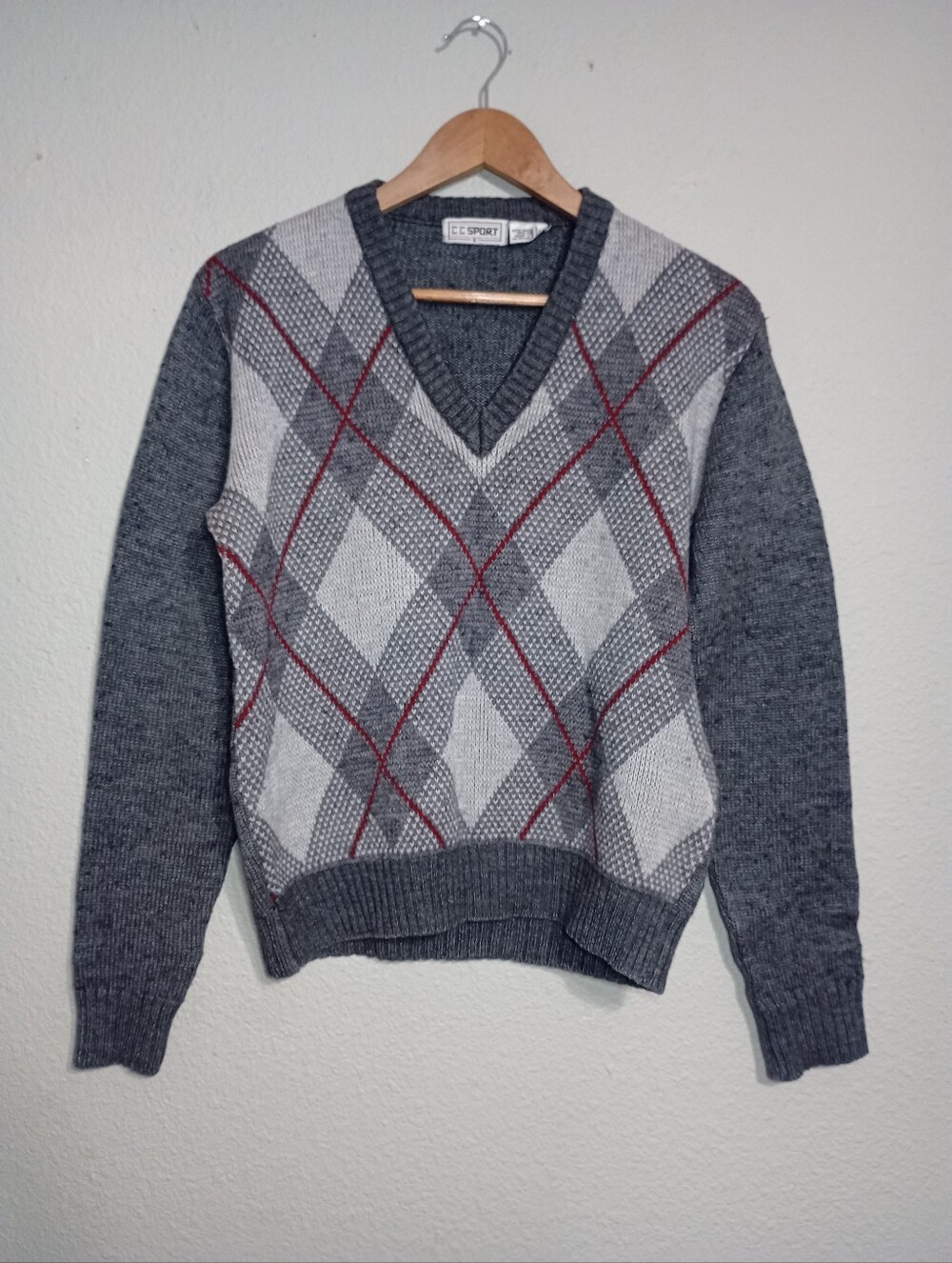 90s Vintage CC Sport Argyle V-neck Wool Blend Sweater Academia Eclectic Preppy